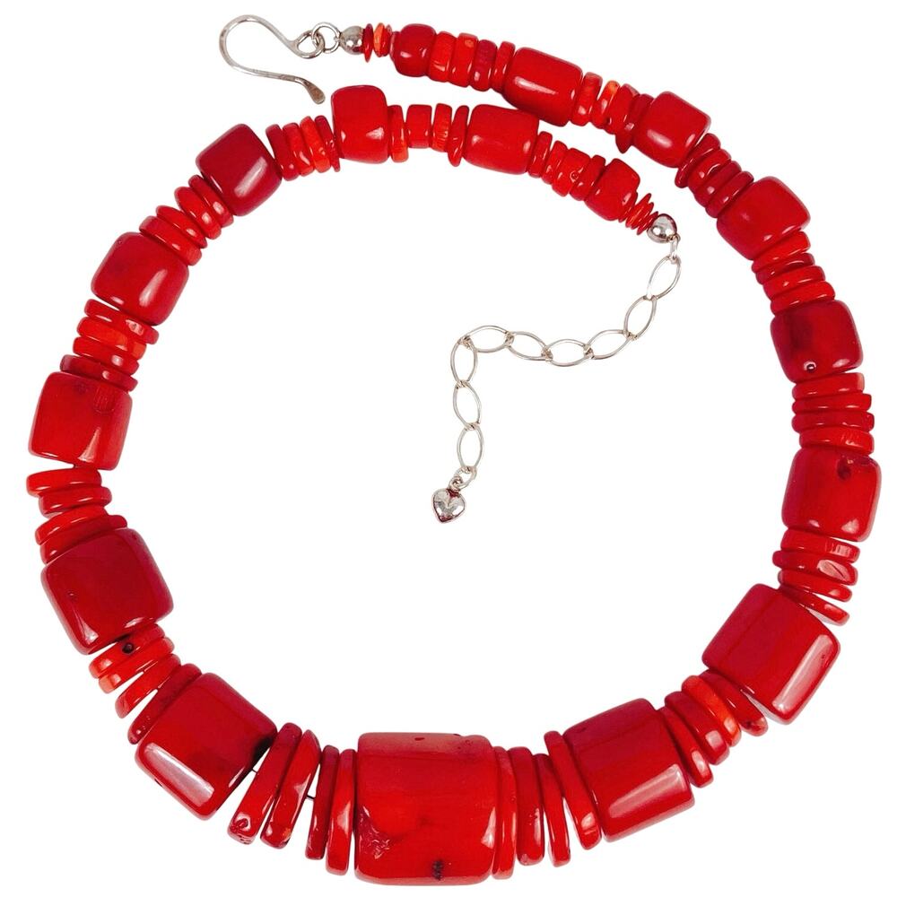 Signed Jay King DTR Red Bamboo Sea Coral Necklace Sterling Silver 20" Chunky